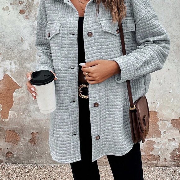 Grey Casual Womens Flap Pocket Drop Shoulder Button Front Coat - Picture 5 of 5